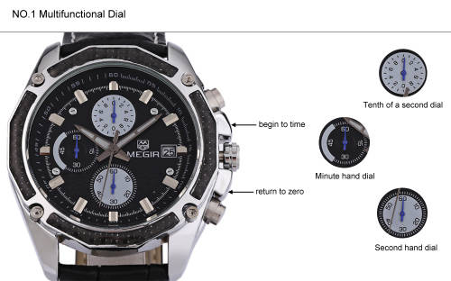 *** Megir Brand Top Watch** Genuine Leather Luxury Men Quartz Wristwatch CHRONOGRAPH * 6 HANDS *