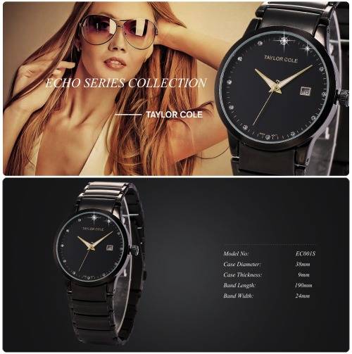 From UK**Magnifisant* Taylor Cole Lady Black Steel Band Bracelet Luxury  Date  Watch*TOP Brand
