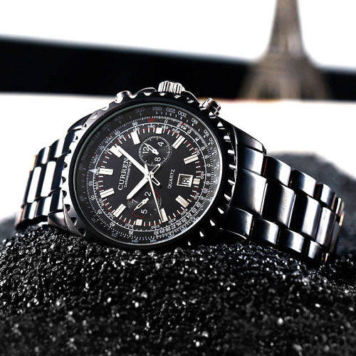 *** Curren 8053 HEAVY ALL STEEL MENS AUTO DATE ALL BLACK QUALITY WATCH