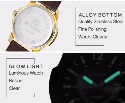 ***Luxury Curren ( MODEL: 8123 )   Mens Leather Golden Quartz Calendar Analog Dial Wrist Watch B92U