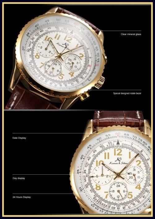 *** KS Men's Classic Date Day White Automatic Mechanical Gold Case Sport Wrist Watch *