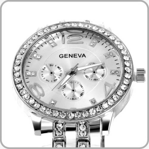 --**LADIES GENEVA FULL BLING SILVER DESIGNER STYLE  STAINLESS STEEL QUARTZ WATCH**