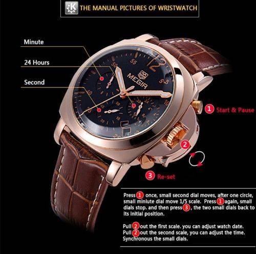 * Megir Brand Top Watch** Golden SS Case  Luxury Men* 6 Hands * Quartz Wristwatch CHRONOGRAPH