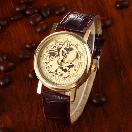 ***Men Elegant  Stainless Steel "SKELETON" Wrist Watch Brown Leather Band