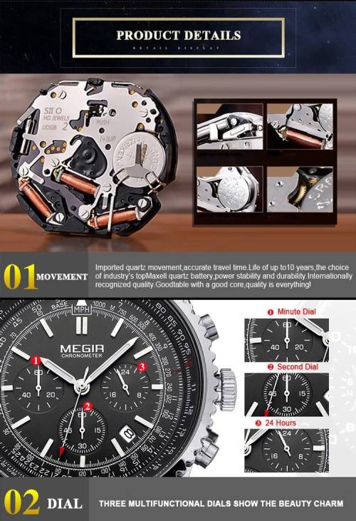 * Megir Brand Top Watch** All Black Steel  Luxury Men* 6 Hands * Quartz Wristwatch CHRONOGRAPH