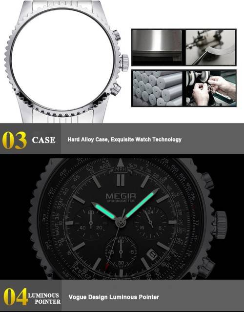 * Megir Brand Top Watch** All Black Steel  Luxury Men* 6 Hands * Quartz Wristwatch CHRONOGRAPH