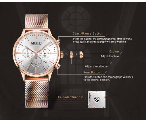 Megir 2011L  - Ladies  Chronograph Watch * 6 HANDS* ROSE GOLD*