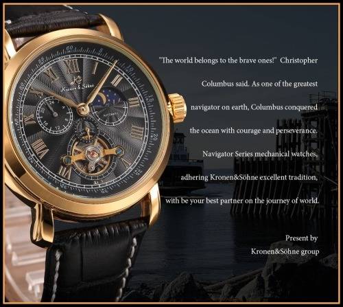 KS NAVIGATOR TOURBILLON*Black Dial Gold Case Automatic Mechanical Mens * 6 Hands*Refined Wrist Watch
