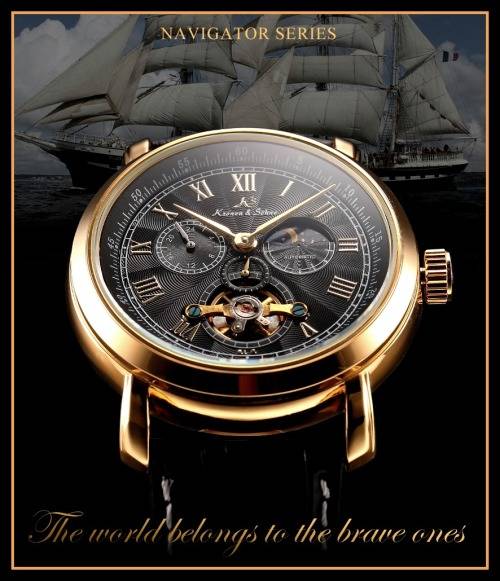 KS NAVIGATOR TOURBILLON*Black Dial Gold Case Automatic Mechanical Mens * 6 Hands*Refined Wrist Watch