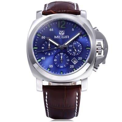 **FREE SHIPPING Megir Brand Top Watch** Silver Case  Luxury Men* 6 Hands * Quartz Wristwatch CHRONO*