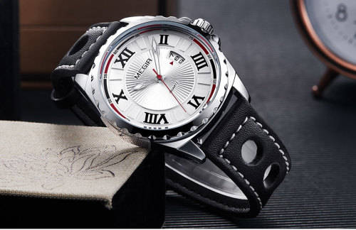 FREE SHIPING * Megir Brand~M1019~ALL NEW** White Dial *Analog* Dial Leather Strap Military Watches ~