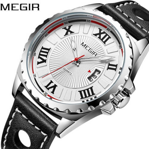 FREE SHIPING * Megir Brand~M1019~ALL NEW** White Dial *Analog* Dial Leather Strap Military Watches ~