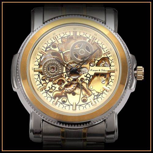 *KS Carving Series* 2 TONE * Silver/Gold **  Mechanical Mens Wrist Watch+Box & Papers