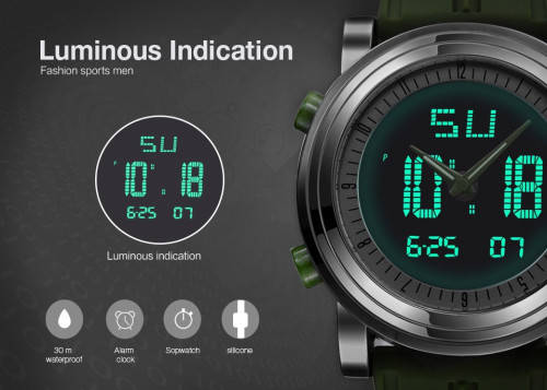 FREE SHIPPING**NEW SINOBI DUAL TIME CHRONOGRAPH MENS SILICONE STRAP WATCH* GREEN*