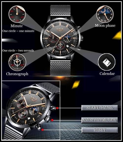 ** CLASSIC -  Relogio Masculion LIGE 9877-*Top Luxury All Steel *6 Hands* Chronograph Watch Men