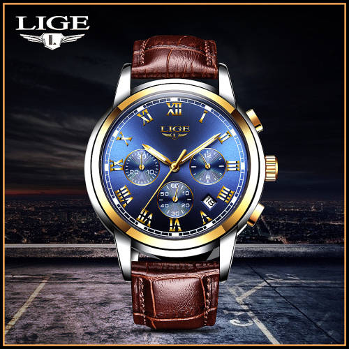 * FULL HOUSE*  LIGE 9810* Top Luxury * Leather Band *6 Hands* Chronograph Watch Men