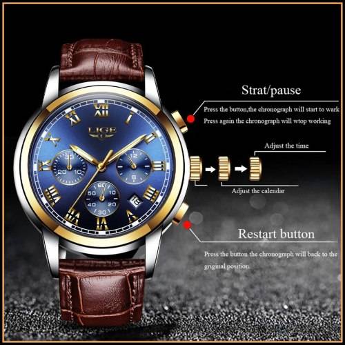 * FULL HOUSE*  LIGE 9810* Top Luxury * Leather Band *6 Hands* Chronograph Watch Men
