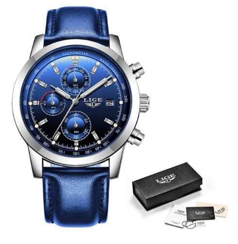 Top LIGE9927* Stainless Steel Case* Multifunction * Leather Strap * Business watch*Blue or Black