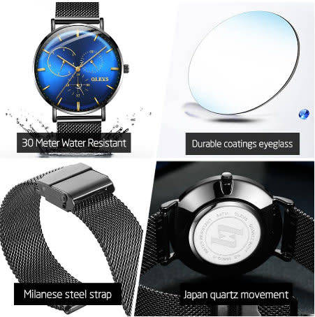 OLEVS  5880 -*UNISEX* MilanTop Brand Luxury Waterproof Ultra Thin Steel Blue/Black Watch
