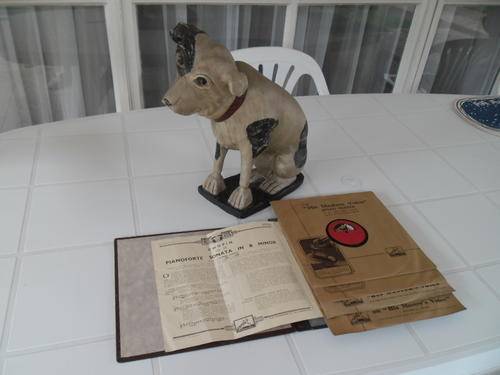 very large wooden his masters voice dog plus a album with four records