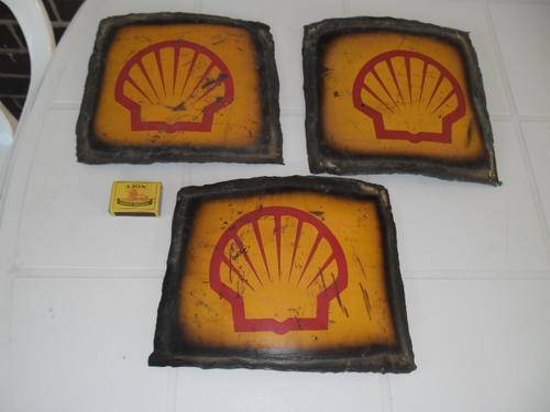 3 small flame cut shell metal signs bad condition not enamel