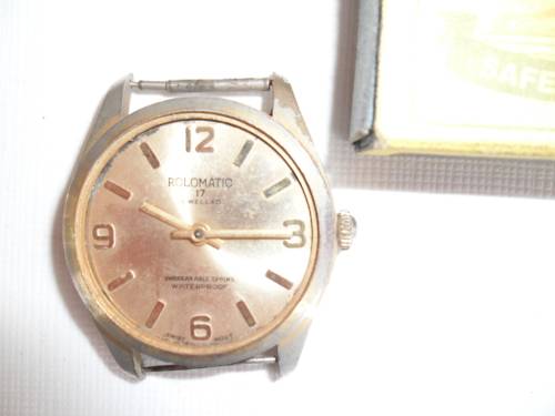 Old Rolomatic 17 jewelled Swiss movt unbreakable spring men¿s watch no glass
