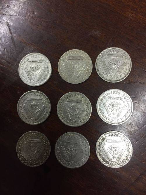 9 x Silver Threepence from 1951 to 1959