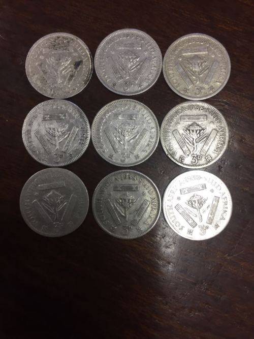 9 x Threepence from 1930 to 1939