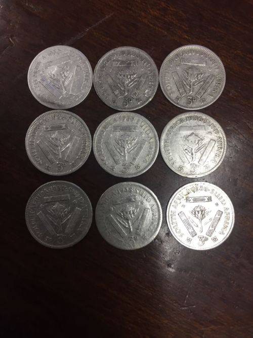 9 x Threepence from 1930 to 1939