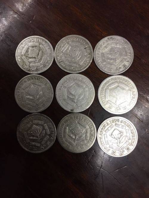 9 x SIXPENCE SILVER COINS (1926,1927 &1932 TO 1938)