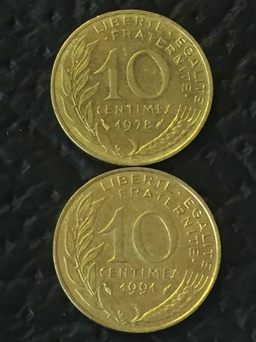 COLLECTION OF 2 FRANCE ALUMINIUM BRONZE 10 CENTIMES ( 1978 & 1991 )