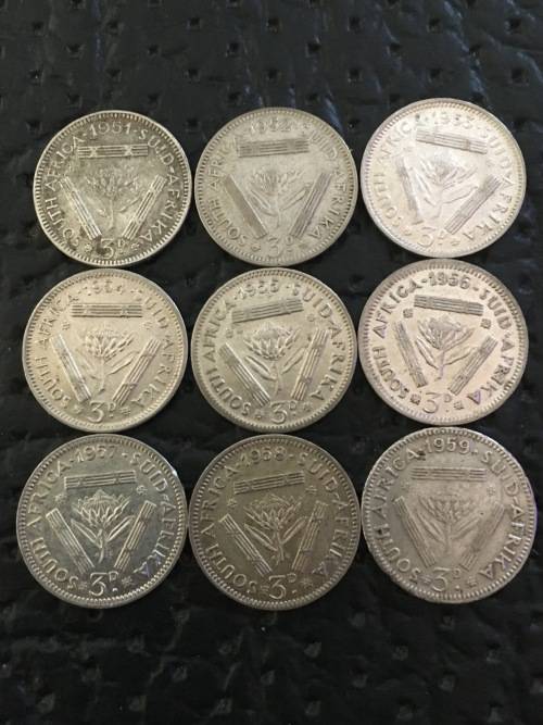 COLLECTION OF NINE THREEPENCE FROM 1951 TO 1959