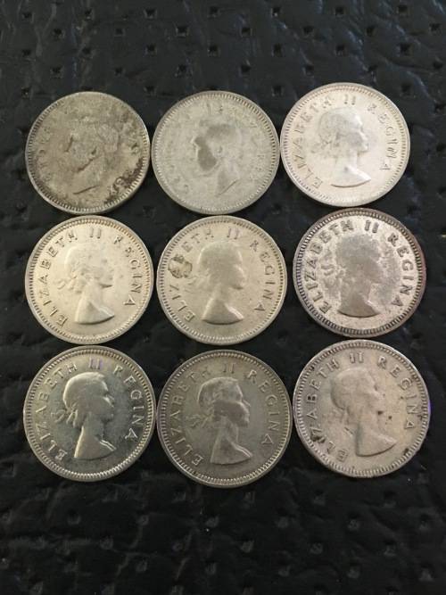 COLLECTION OF NINE THREEPENCE FROM 1951 TO 1959