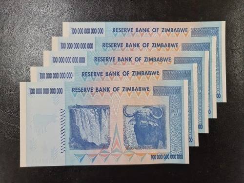 $100 Trillion Zimbabwe banknotes FIVE in sequence.
