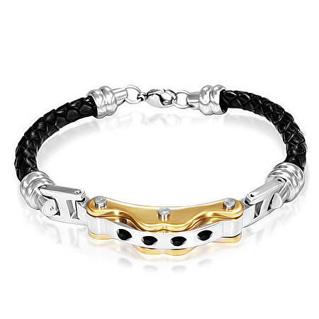 **CLARANCE SALE**Black Woven Braided Leather Stainless Steel 2-Tone Bracelet