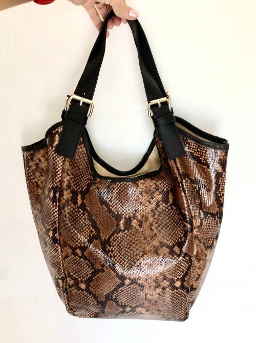 Genuine Italian Leather Brown Hobo Handbag Snake Emboss  -MADE IN ITALY