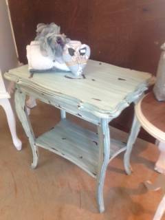 **DUCK EGG BLUE SHABBY SIDE TABLE WITH GALLERY**