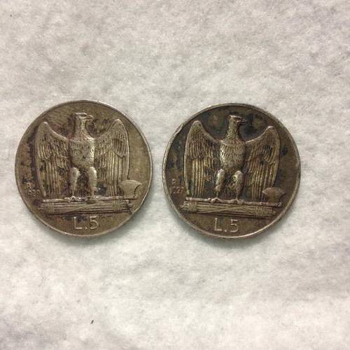 2 x 5 Lire Italy Silver coins 1929 & 1927