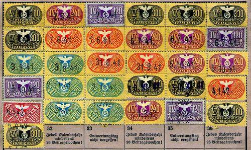 WW 2 Nazi Germany Invalidenversicherung Quittungskarte with 31 revenue stamp