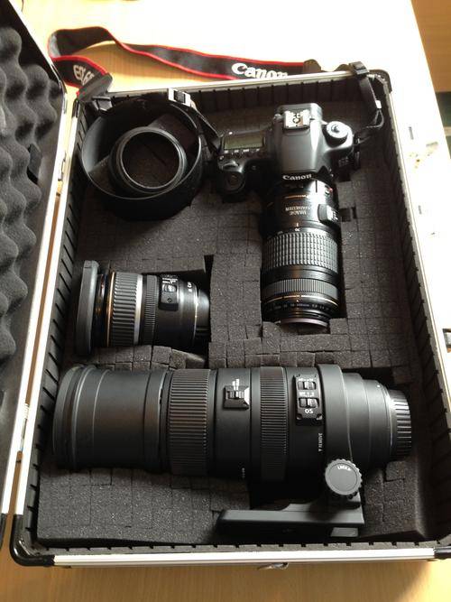 Canon 60D with lenses and Sigma 150-500 OS zoom and Canon Flash