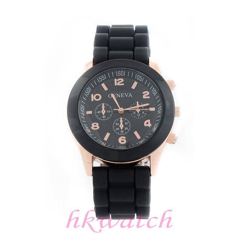 Geneva Black Crystal Silicone Watch with Gold