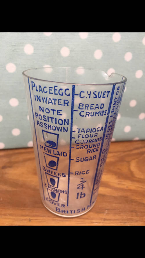 Vintage - Very Rare Find!!! - Glass Measuring Cup - Shows age of eggs, Fluid Ounces, etc. British