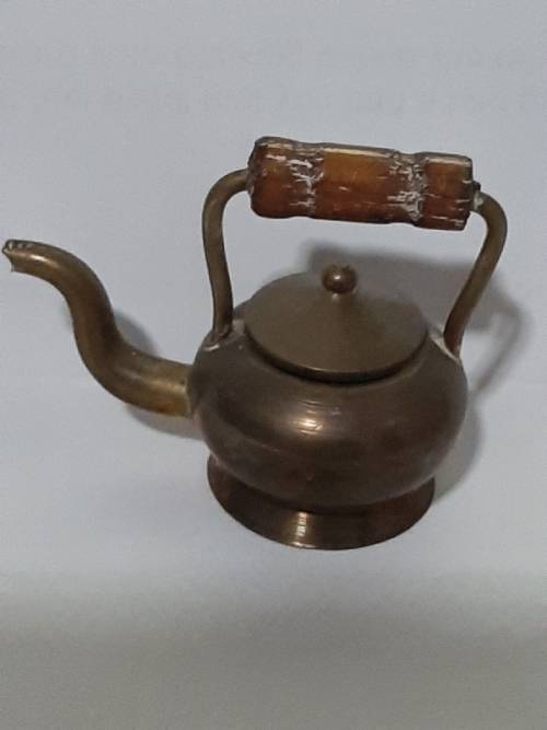 Solid Brass - Miniature Brass Kettle with wooden handle