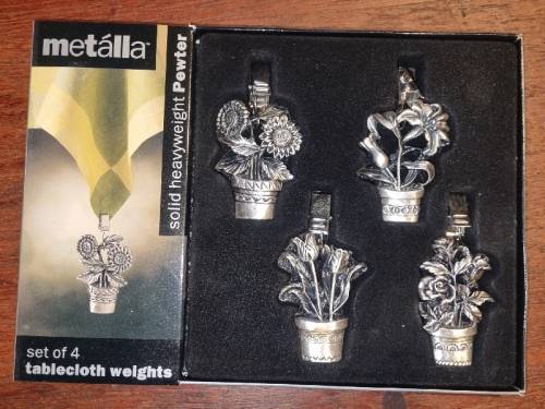 Set of 4 Pewter Tablecloth weights - Flower pot detail