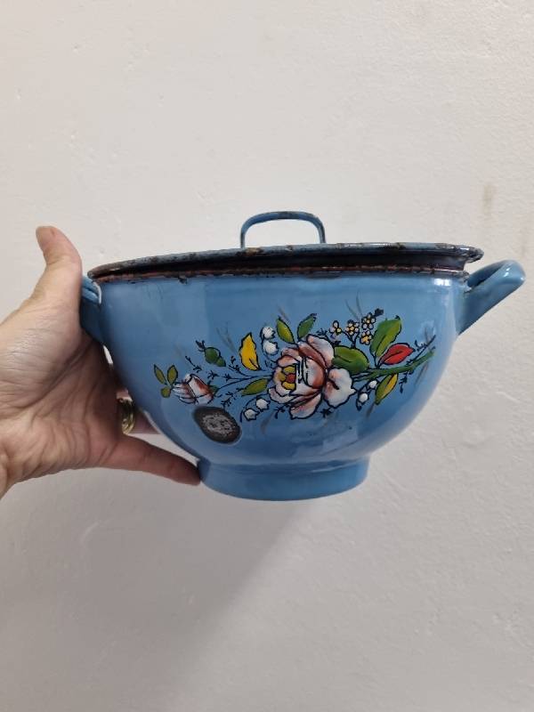 Vintage Blue Enameled Pot with lid