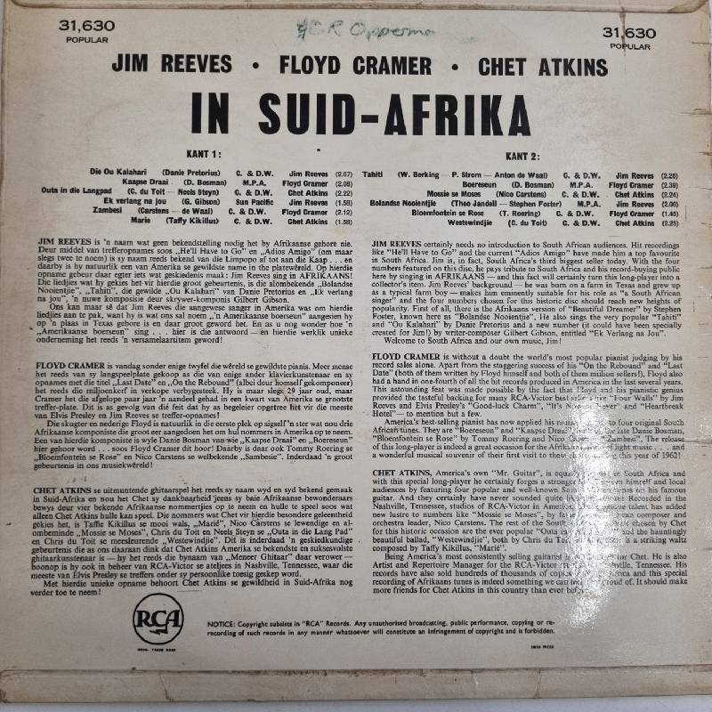 Jim Reeves, Floyed Cramer, Chet Atkins In Suid-Afrika - LP