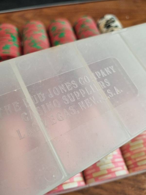 3 x Containers with Vintage Poker Chips - the Bud Jones Company - Casino suppliers - Las Vegas USA