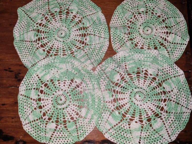 4 x Green and White Crochet Doily - Diameter 33cm and  28cm