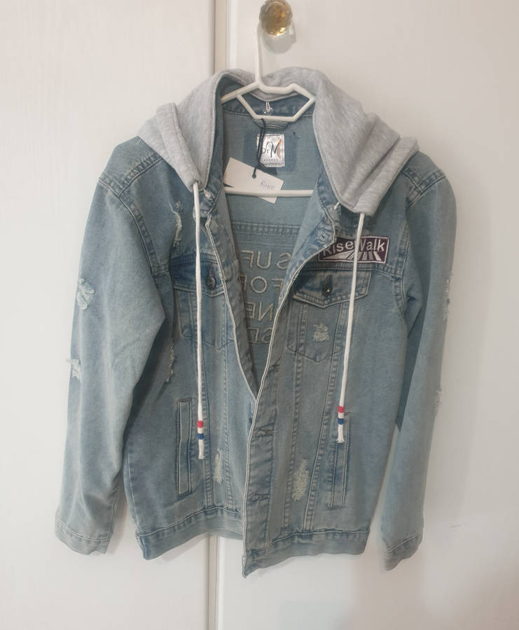 An Amazing designer denim jacket with detachable hood.