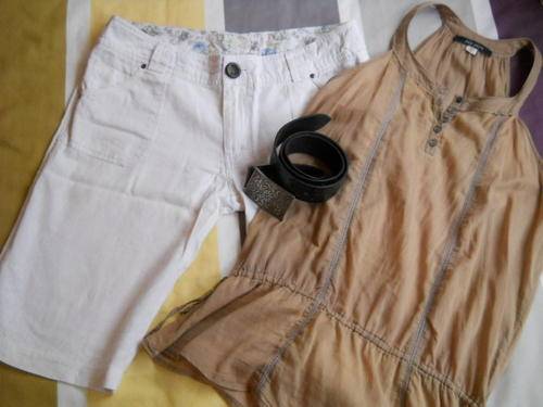 White linen type knee length pants, top and belt combo